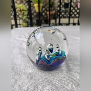 3" ART GLASS PAPERWEIGHT W/ SEAGULLS FLYING OVER OCEAN